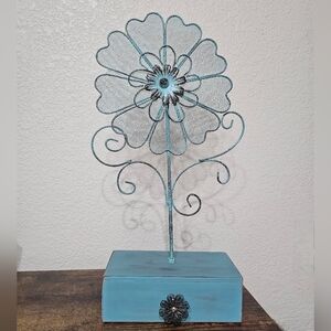 Blue Metal Flower Jewelry Holder on Wooden Stand with Drawer